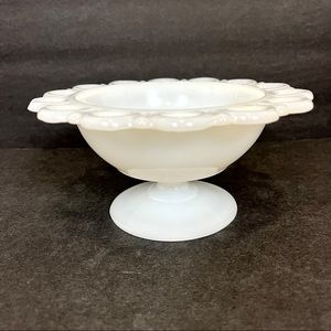 Vintage White Milk Glass Lace Edge Pedestal Footed Fruit Bowl Compote